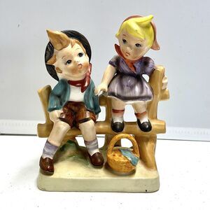 UCAGCO Japan Ceramic Figurine Picnic Boy & Girl On Fence Post 6”